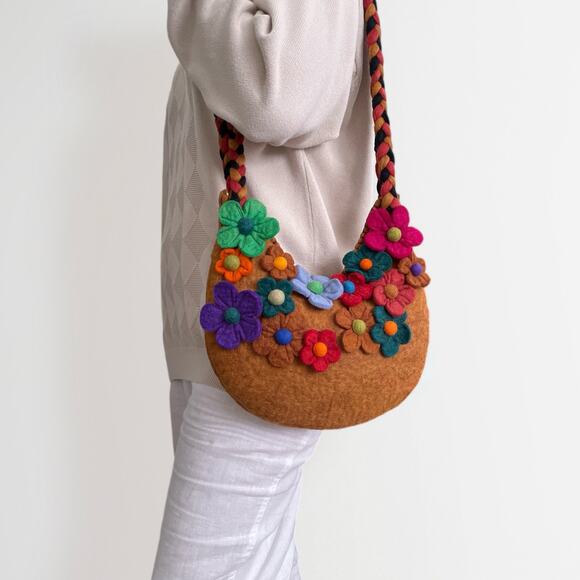 Vintage 100% Wool Handmade Nepalese Shoulder Bag Purse 3D Floral Brown Tan - Picture 2 of 11